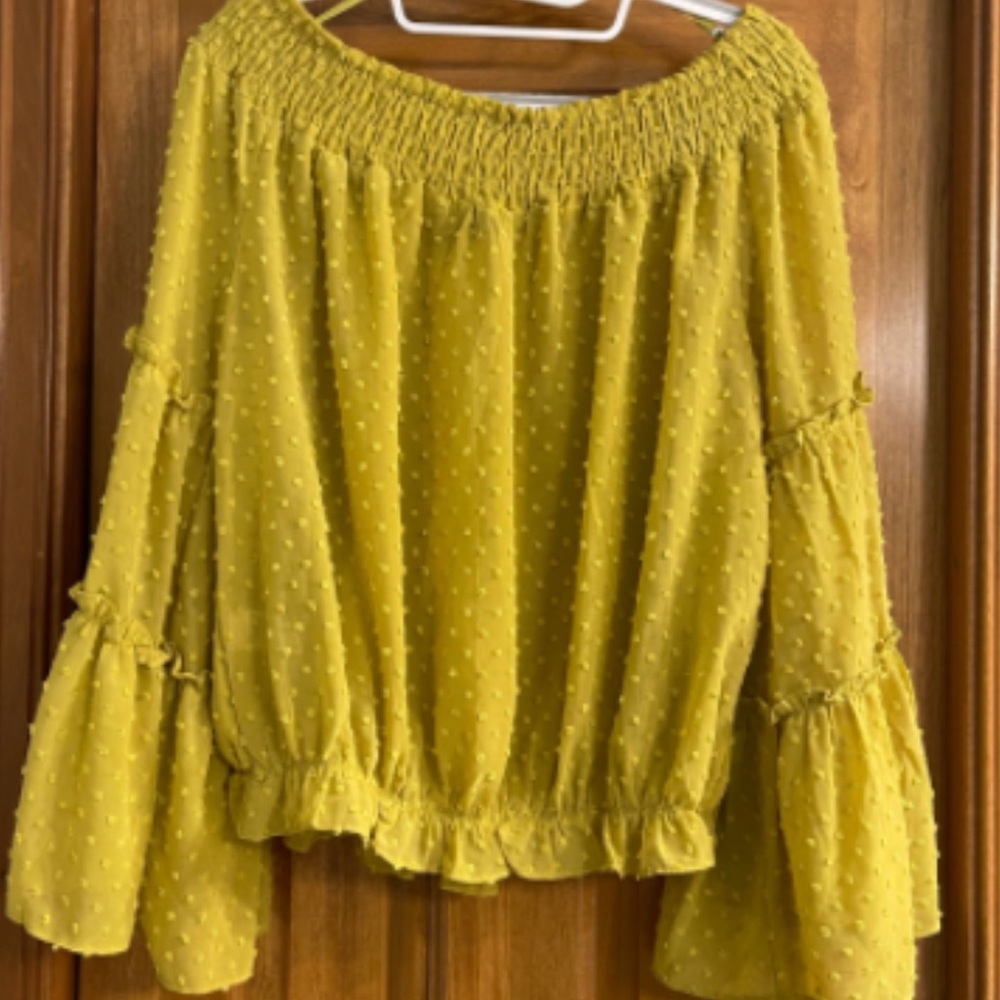 Flocked Dot, Bell Sleeve, Off Shoulder Top
